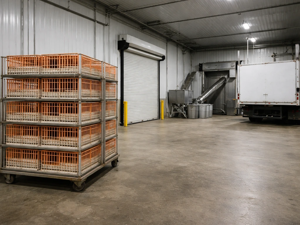 Idle poultry facility with closed loading dock and empty transport cages, indicating culling and halted supply flow.