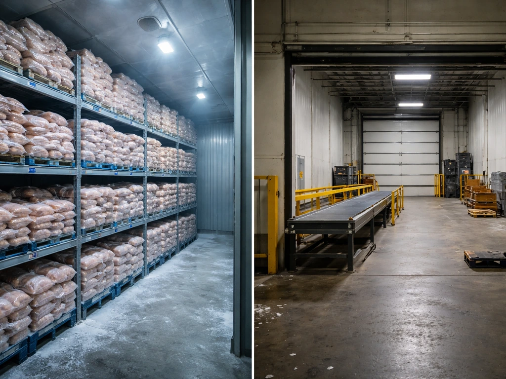 Frozen chicken inventory in a warehouse freezer beside an empty, paused receiving area