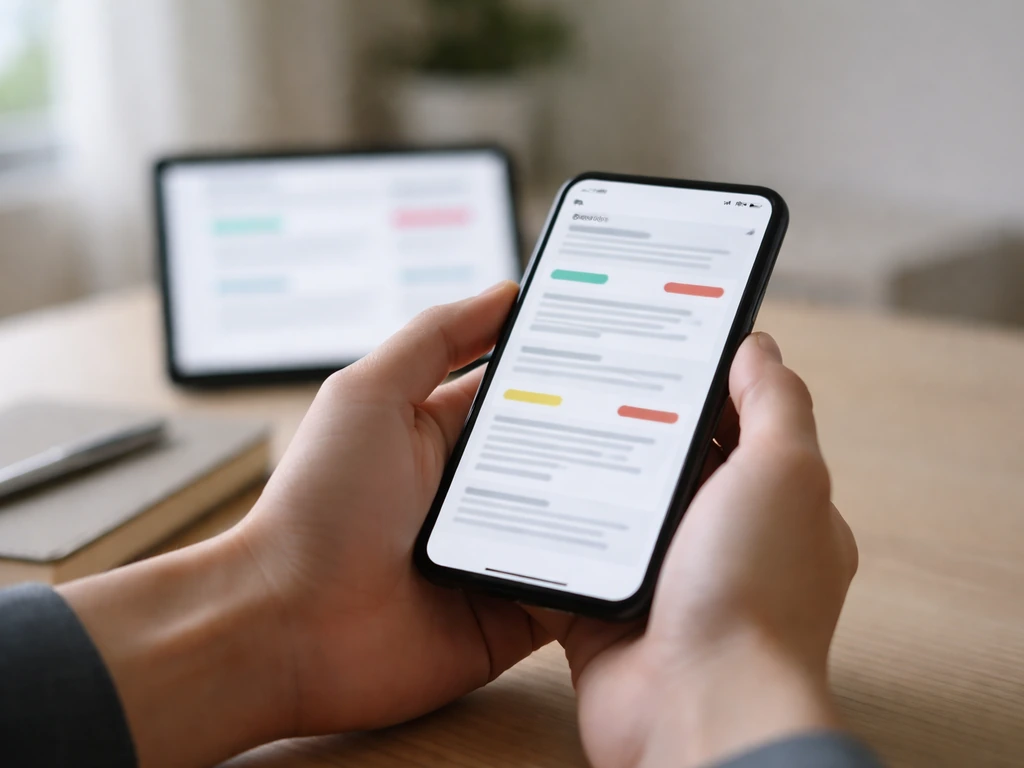 Person holding a smartphone in a clean office, real-time outbreak and market info pages on screen without readable text.