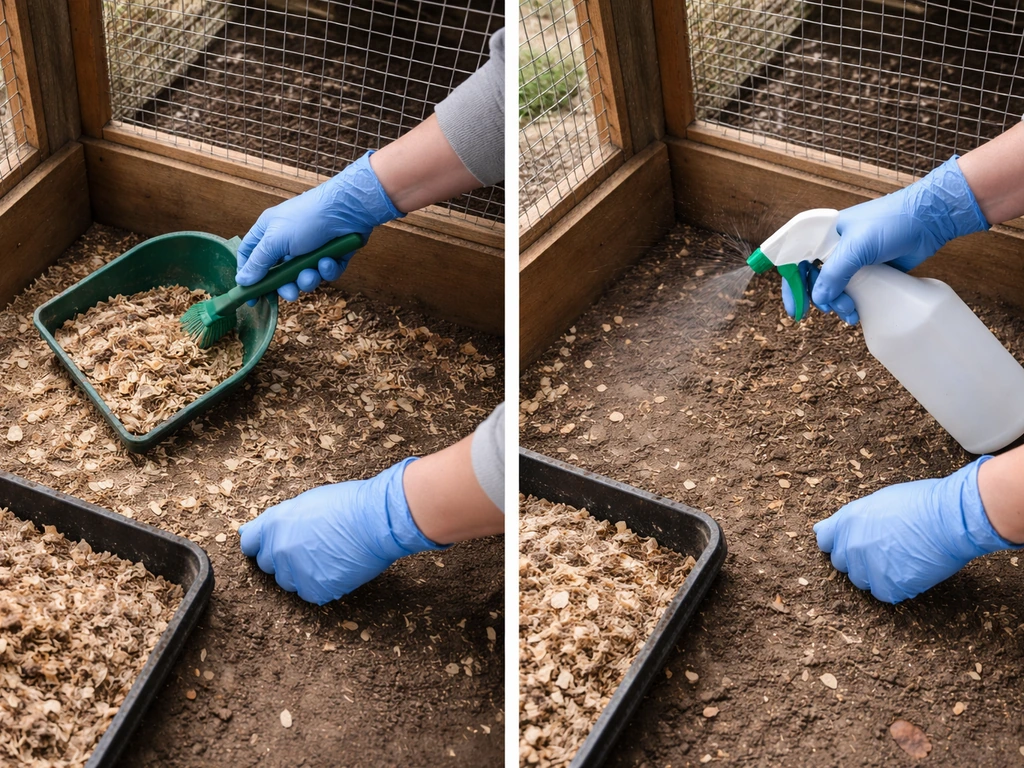 Gloved hands cleaning a backyard poultry pen floor with a brush and disinfectant for safety