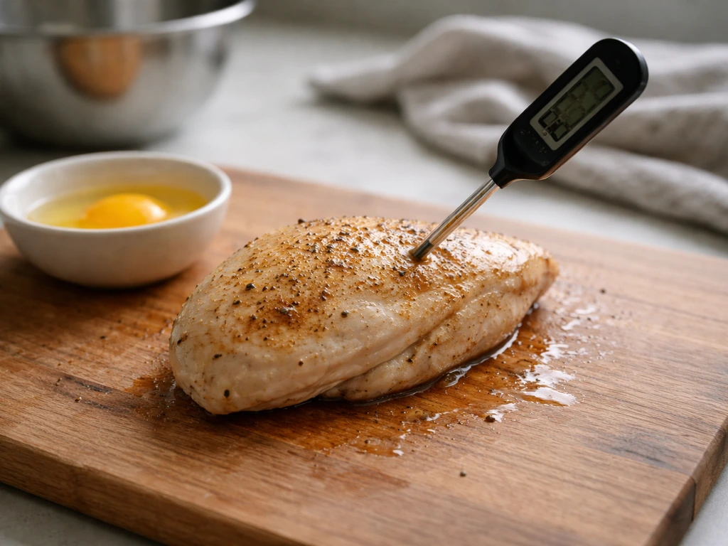 Thermometer inserted into cooked chicken on a cutting board, showing safe internal cooking.