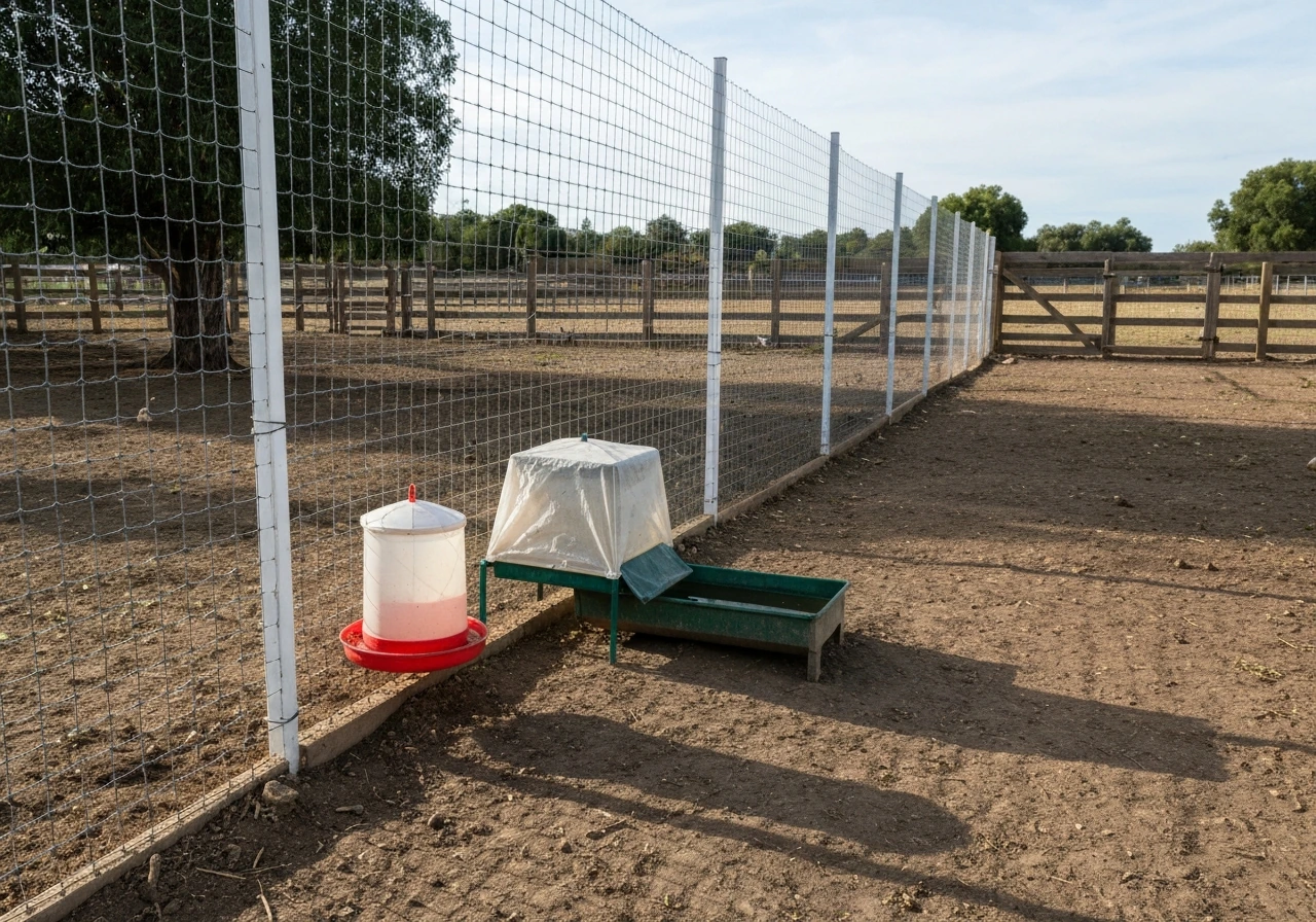 Fenced poultry yard with covered feeders and water troughs, separated from open area where wild birds pass.