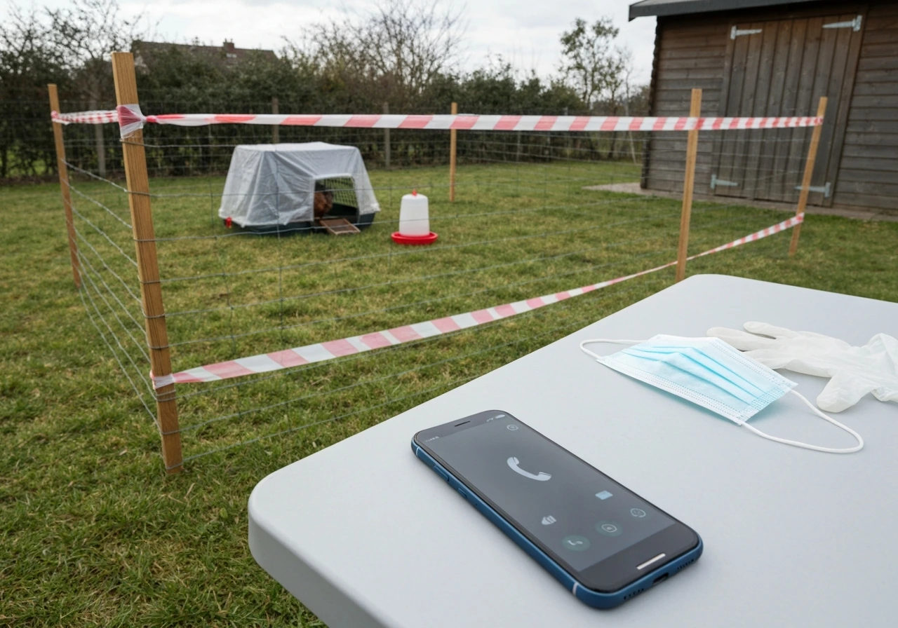 Phone and gloves beside a simple tape barrier fencing off a poultry quarantine area.