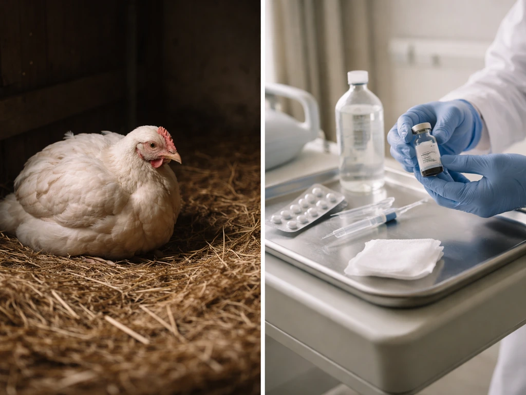 Sick chicken in a coop on the left and a clinician holding antiviral medication in a hospital on the right.