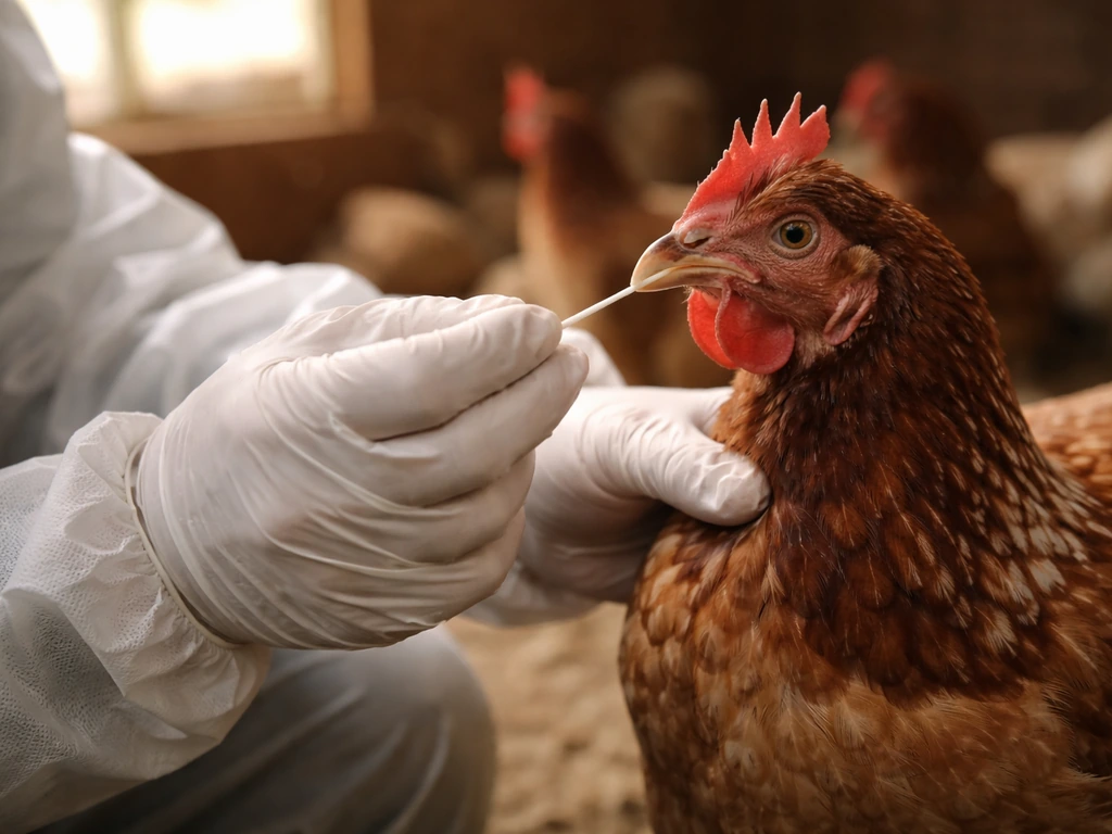 Gloved field worker swabbing poultry in a clean coop for bird flu testing