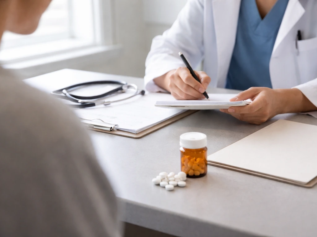 Clinician’s hands reviewing an antiviral timing plan beside blank paperwork and generic medication.