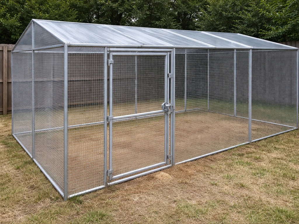 Backyard poultry area with a covered, secured run and a closed gate keeping birds contained