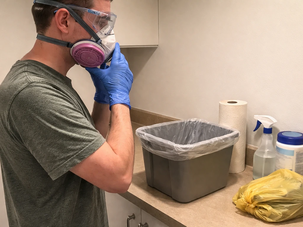 Gloved hands with goggles and a respirator beside cleaning and disposal supplies for safe bird handling.