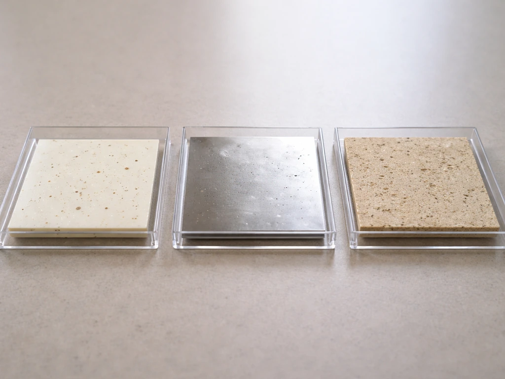Three sample surfaces—plastic, stainless steel, and porous material—laid side by side with subtle specks.