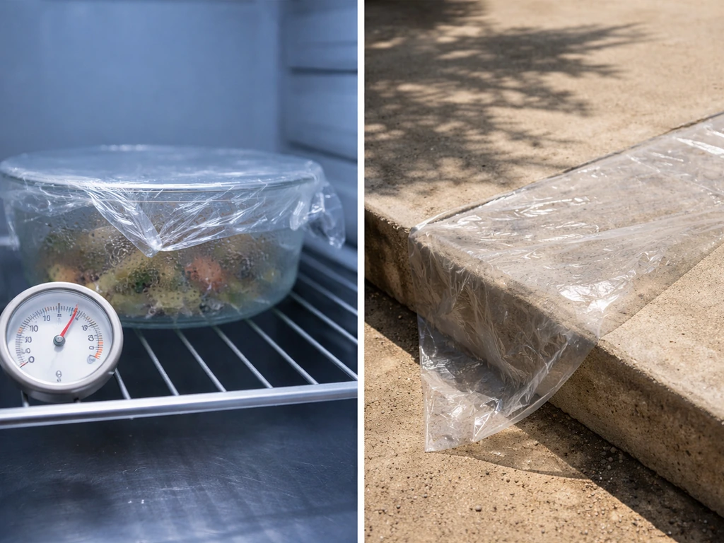 Split photo showing virus survival: cool fridge container vs sunlit outdoor surface under UV-like light