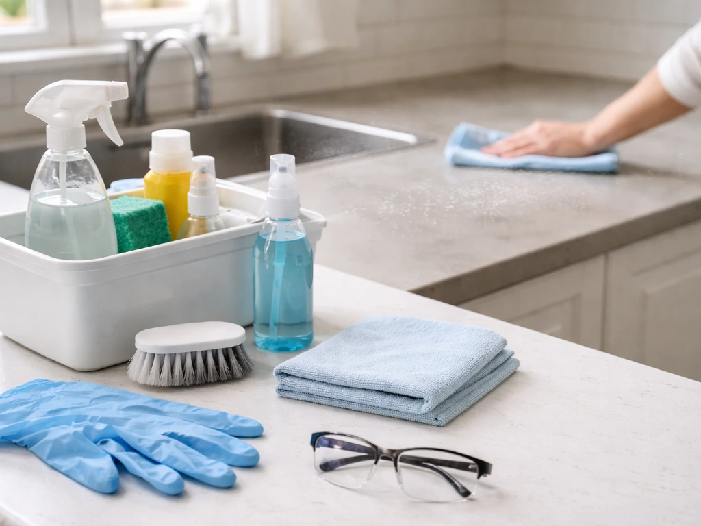 Gloved hands’ cleaning setup: brush and microfiber wiping a counter, disinfectant mist spraying over it.