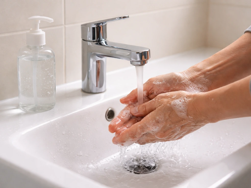 Person washing hands at a sink with soap and a nearby hand sanitizer pump in view.