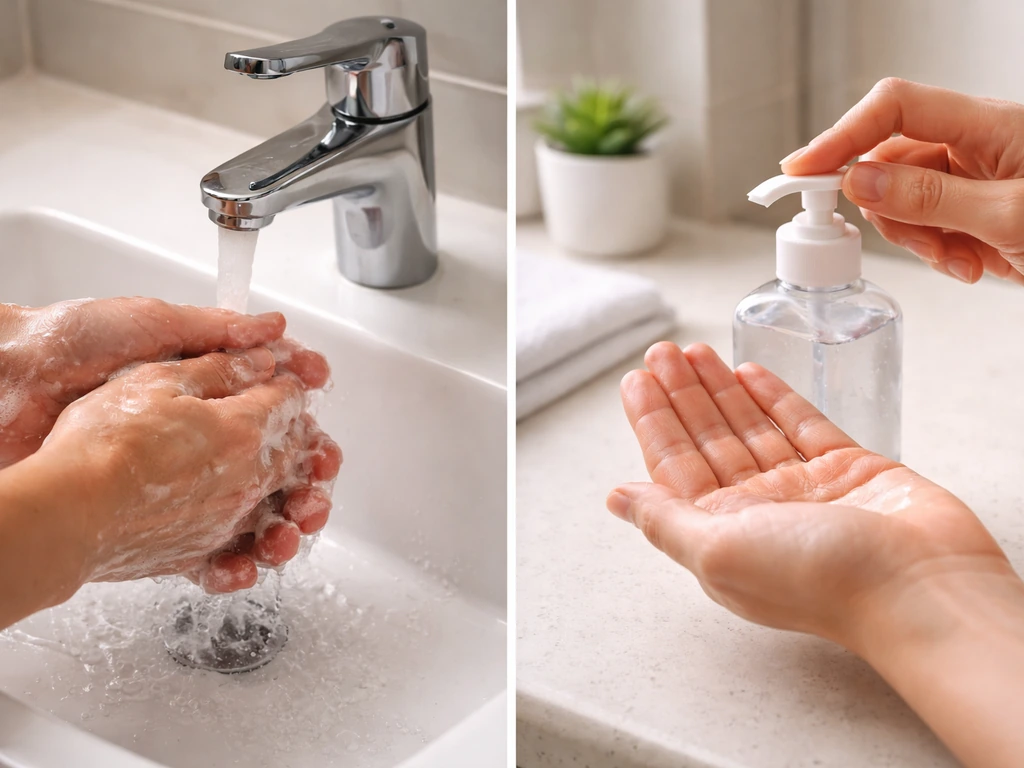 Split image showing clean hands being washed with soap and, separately, hands being sanitized with a bottle.