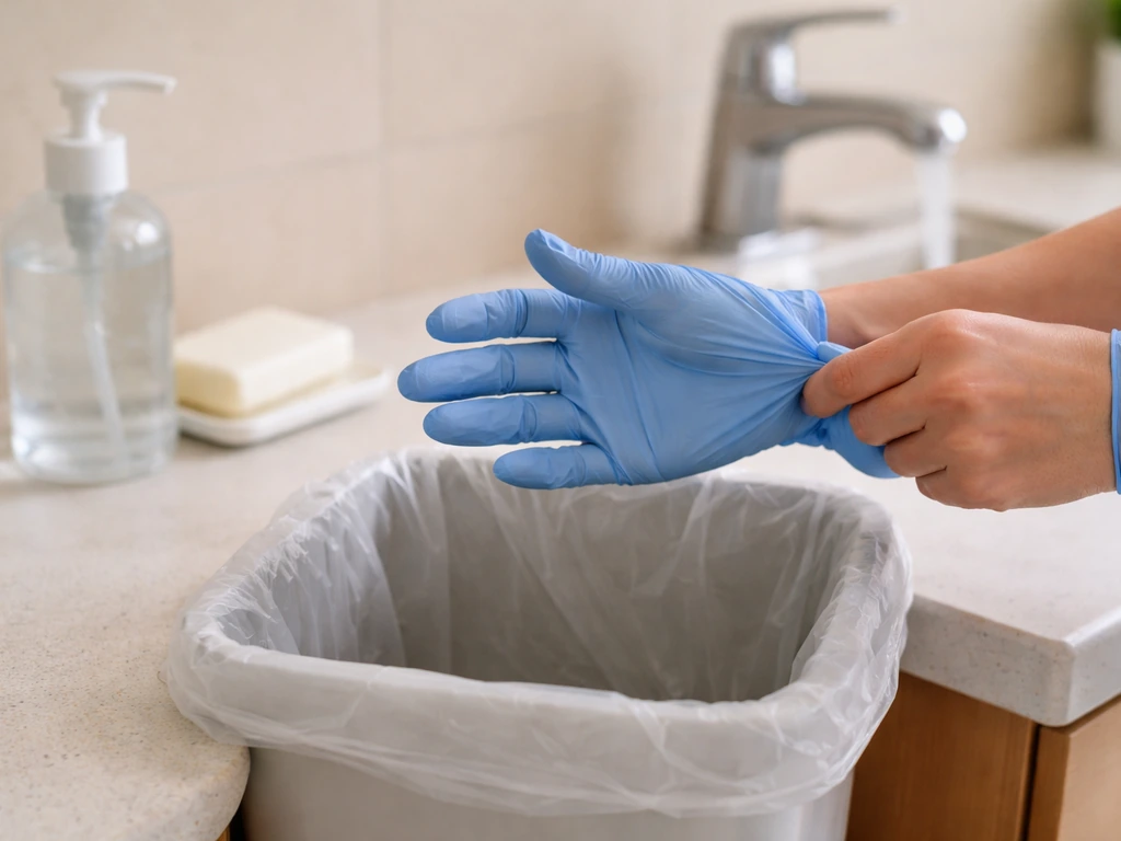 Disposable gloves being carefully removed, with nearby soap and sanitizer for hand hygiene after bird exposure.