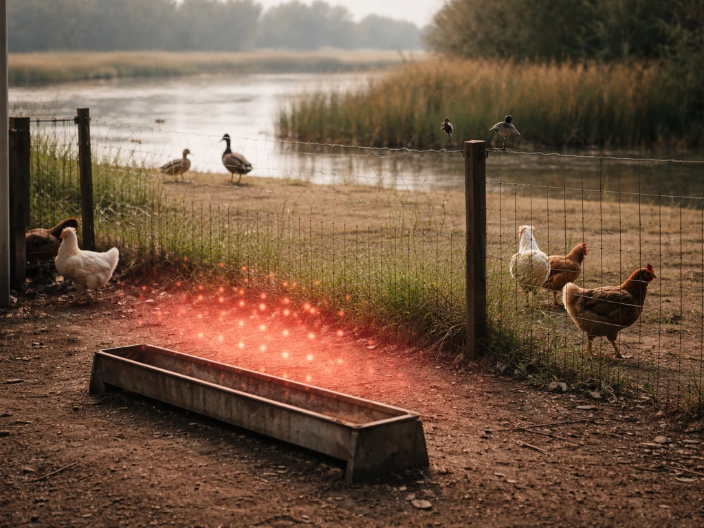 Quiet poultry farm in front, wetlands with wild birds behind, with a subtle red symbolic overlay.