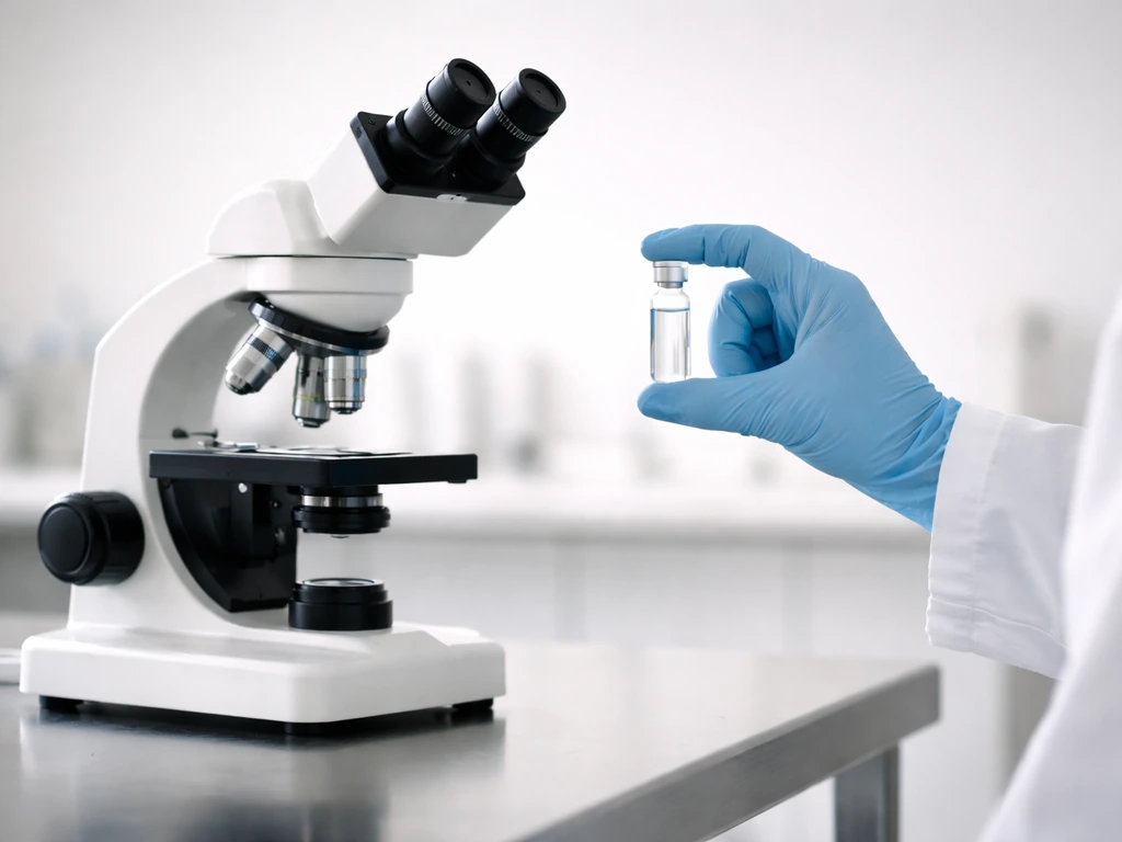 Minimal photo of a person in a clean lab setting holding a gloved hand near a microscope, suggesting bird flu research.