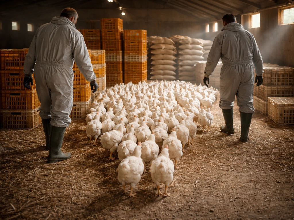 Workers in protective gear gently guide chickens for orderly depopulation inside a poultry barn.