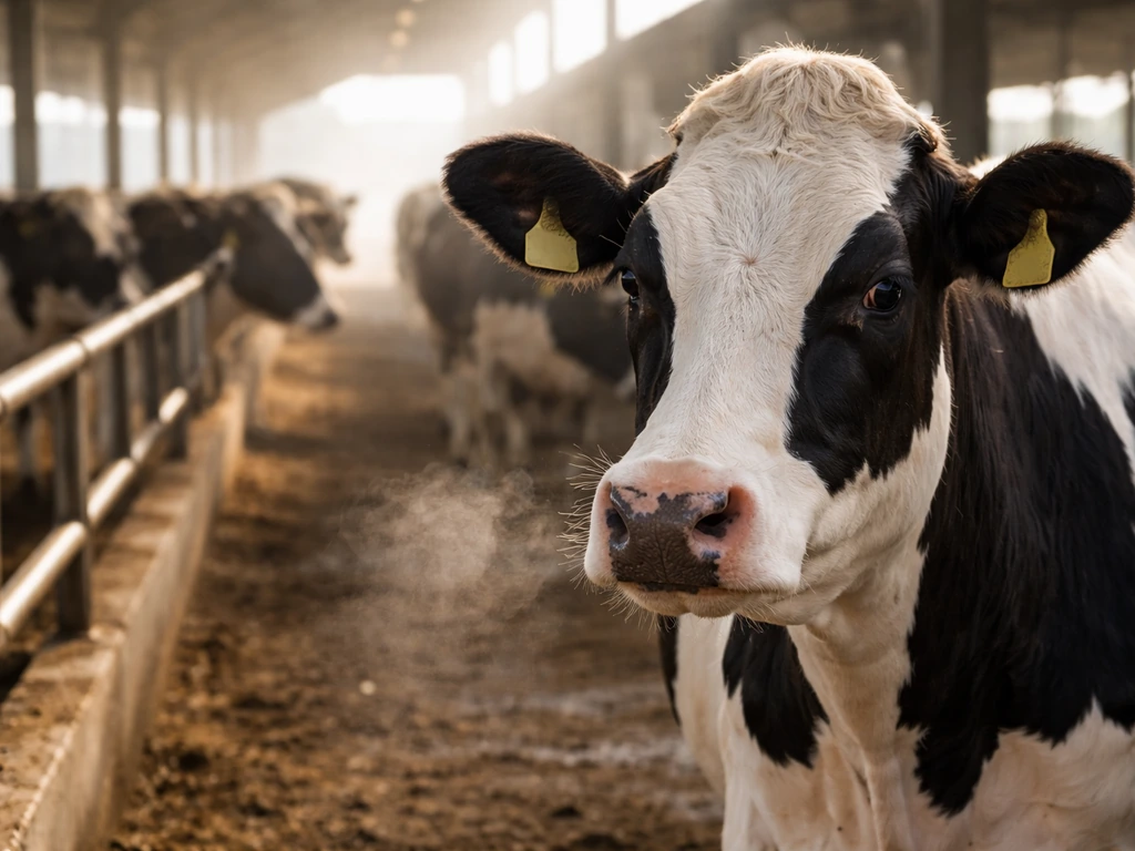 Close-up of a dairy cow in a quiet barn, with blurred cattle and feed trough in the background.