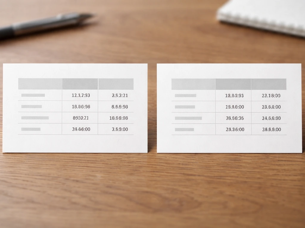 Two side-by-side white cards on a wooden desk showing a minimal numeric comparison layout.