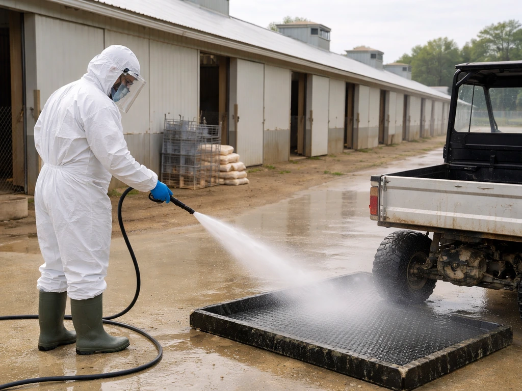 Biosecurity scene at a commercial egg-layer farm: workers disinfect equipment beside empty poultry sheds.