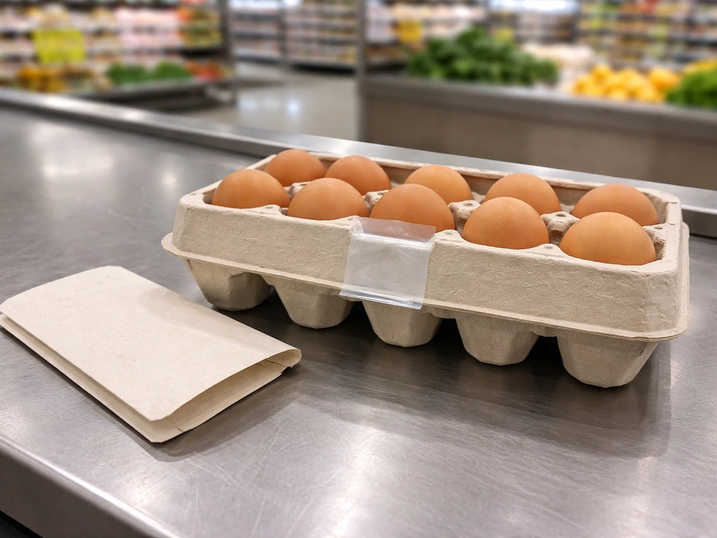 Close-up of an egg carton on a grocery counter with a blank inspection seal sticker, suggesting safety.