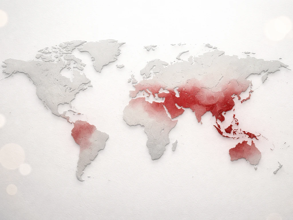 Minimal world map made of soft red and gray tones hinting at bird flu mortality context.