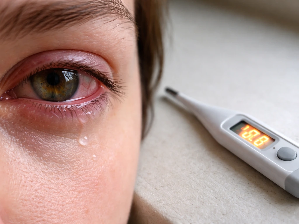 Close-up of a red, teary eye next to a digital thermometer showing a high temperature reading.