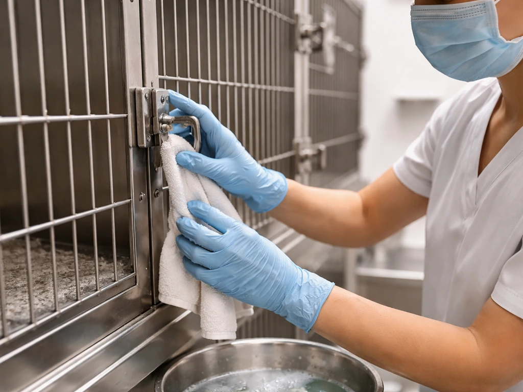 Gloved hands cleaning a metal poultry cage in a simple, sanitized room.