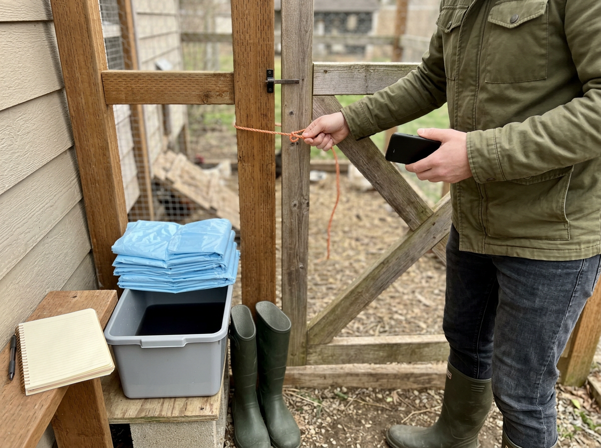 Backyard coop check showing suspicious conditions around a chicken for possible HPAI