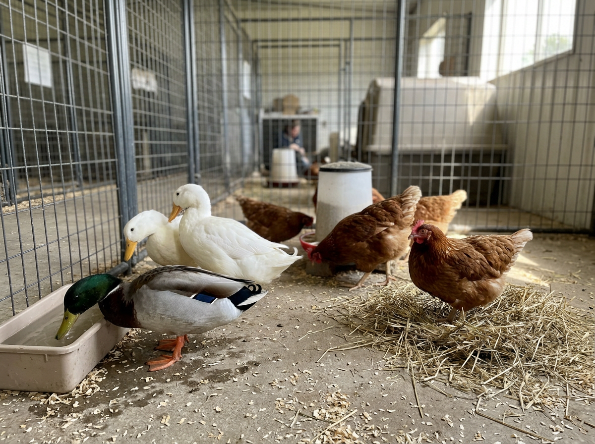 Stopping bird movement with boot covers and a barrier at the backyard coop entrance