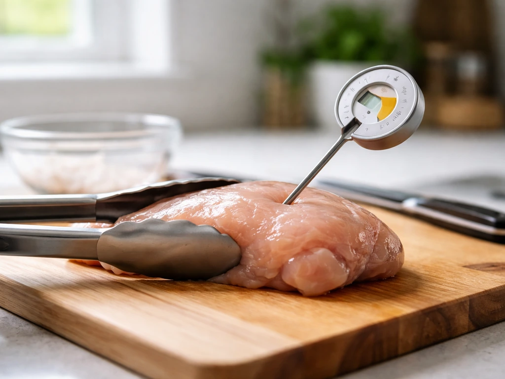 Thick poultry on a cutting board with a meat thermometer inserted into the center in natural light.