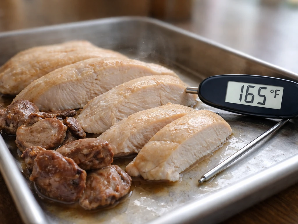 Cooked poultry pieces on a tray next to a food thermometer reading about 165°F/74°C.