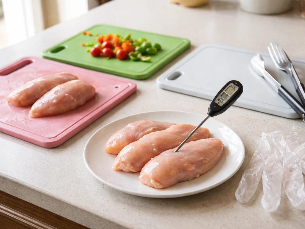 Kitchen counter showing a meat thermometer, color-coded cutting boards, and gloves for safe poultry and egg handling.
