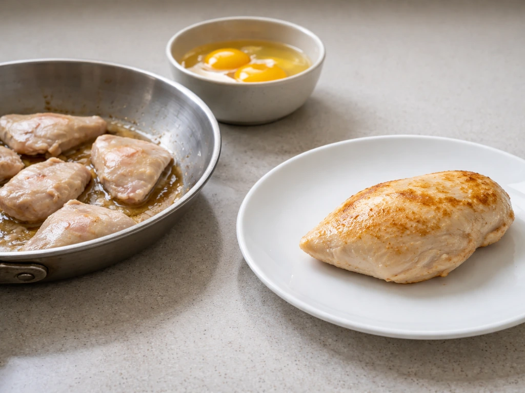 Pan with undercooked poultry and a bowl of runny raw eggs beside a plate of fully cooked poultry.