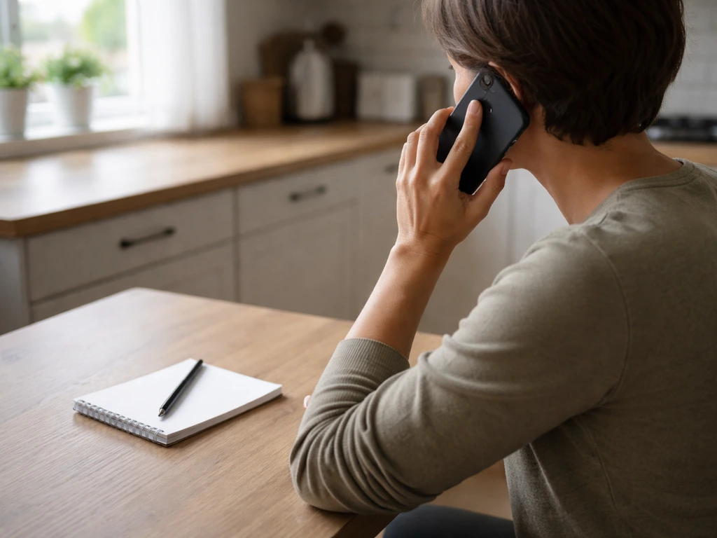 Person in a kitchen on a phone call with a small reminder note, calmly seeking health department guidance
