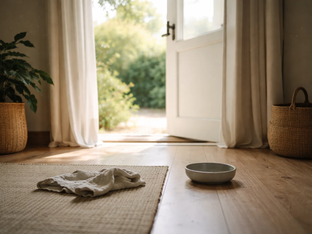 Dim room with a bright open door/window showing a clear, humane escape route outside.