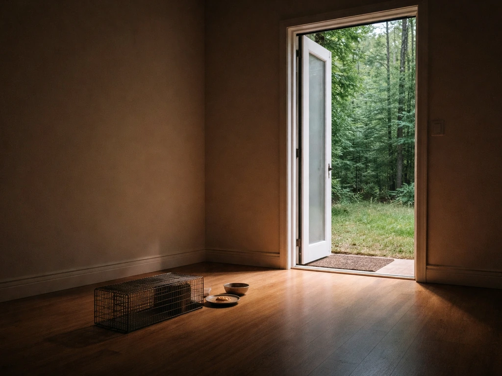 Dim interior contrasted with a bright open doorway/window that serves as an obvious exit for a bird.