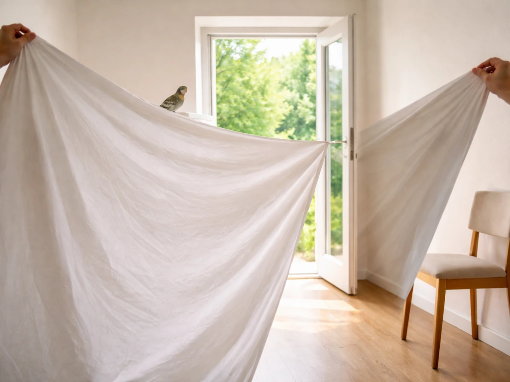 Large sheet held up as a gentle barrier, with a perched bird near an open door/window letting it exit.