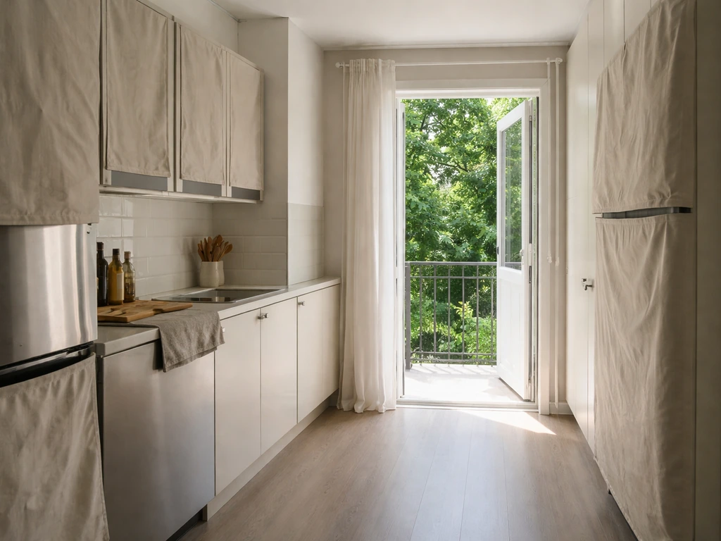 Minimal kitchen scene with covered reflective cabinet doors and one open window showing an exit path