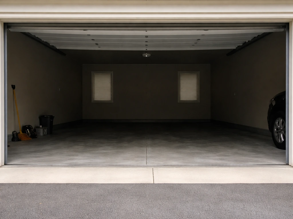 Outside view of a garage with the door fully open and lights off, bright light inside, windows covered.