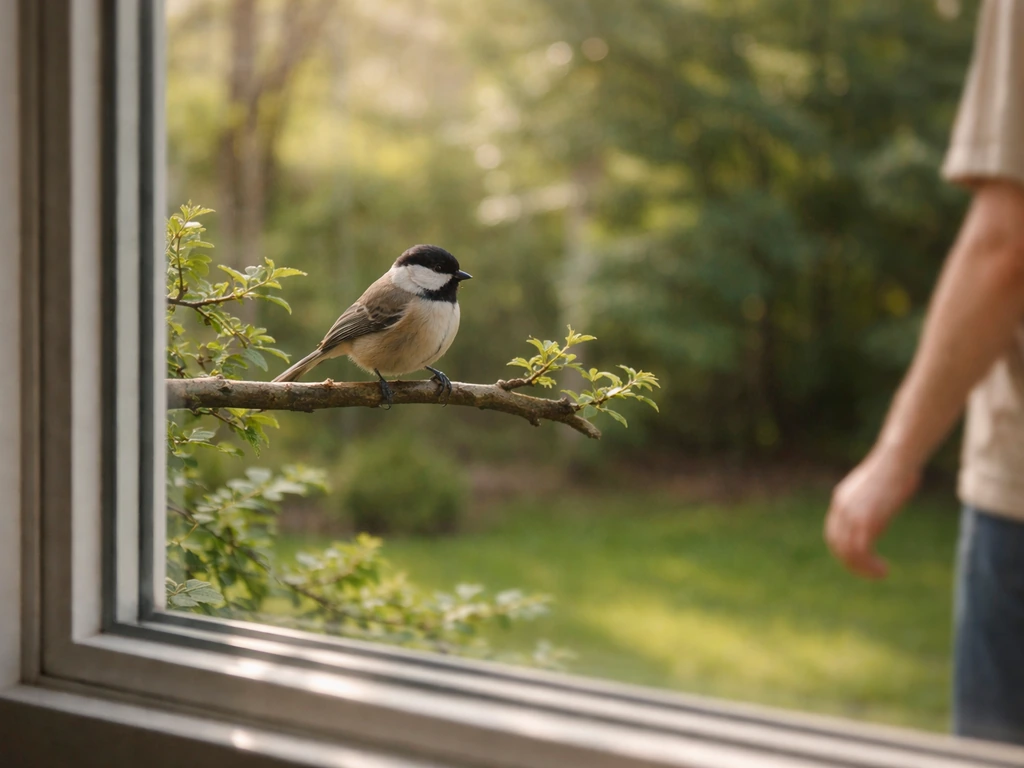 Small bird perched by a window while a person stays far back and doesn’t chase it.