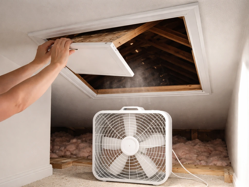 Open attic hatch with a box fan pushing air out to ventilate before entry.