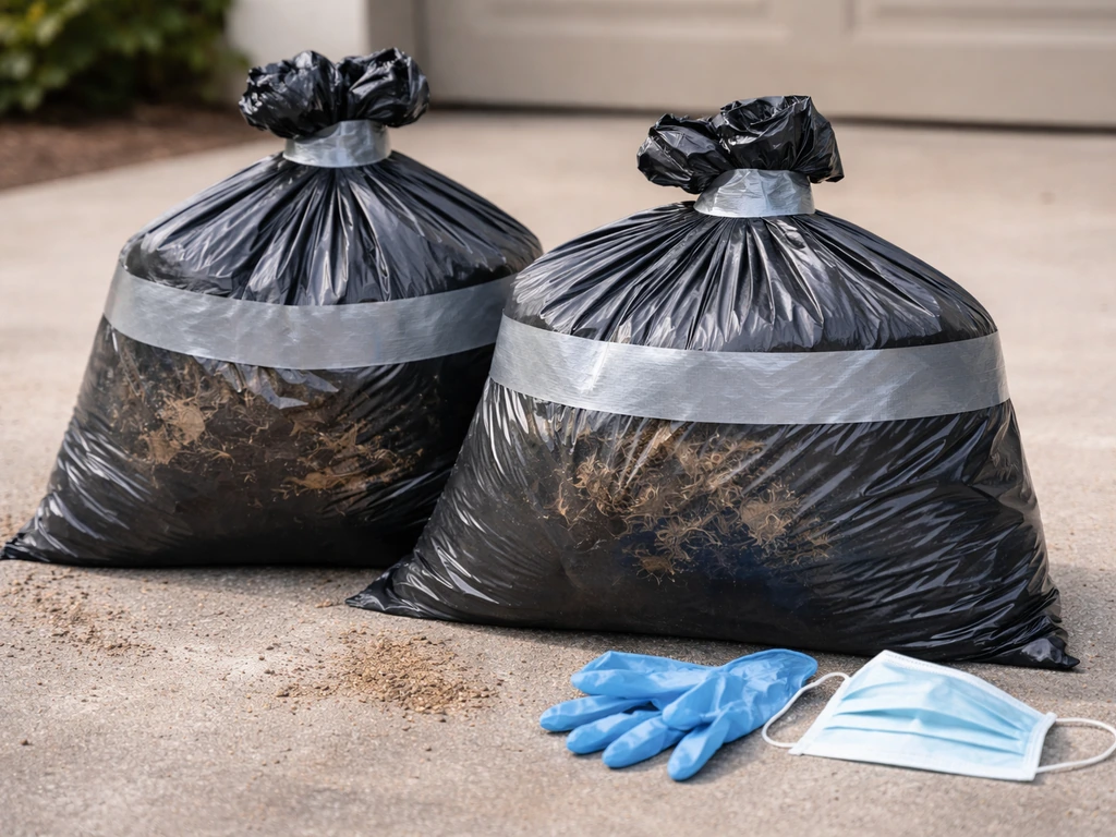 Heavy-duty sealed bags with contaminated bird nest material, with gloves and mask nearby