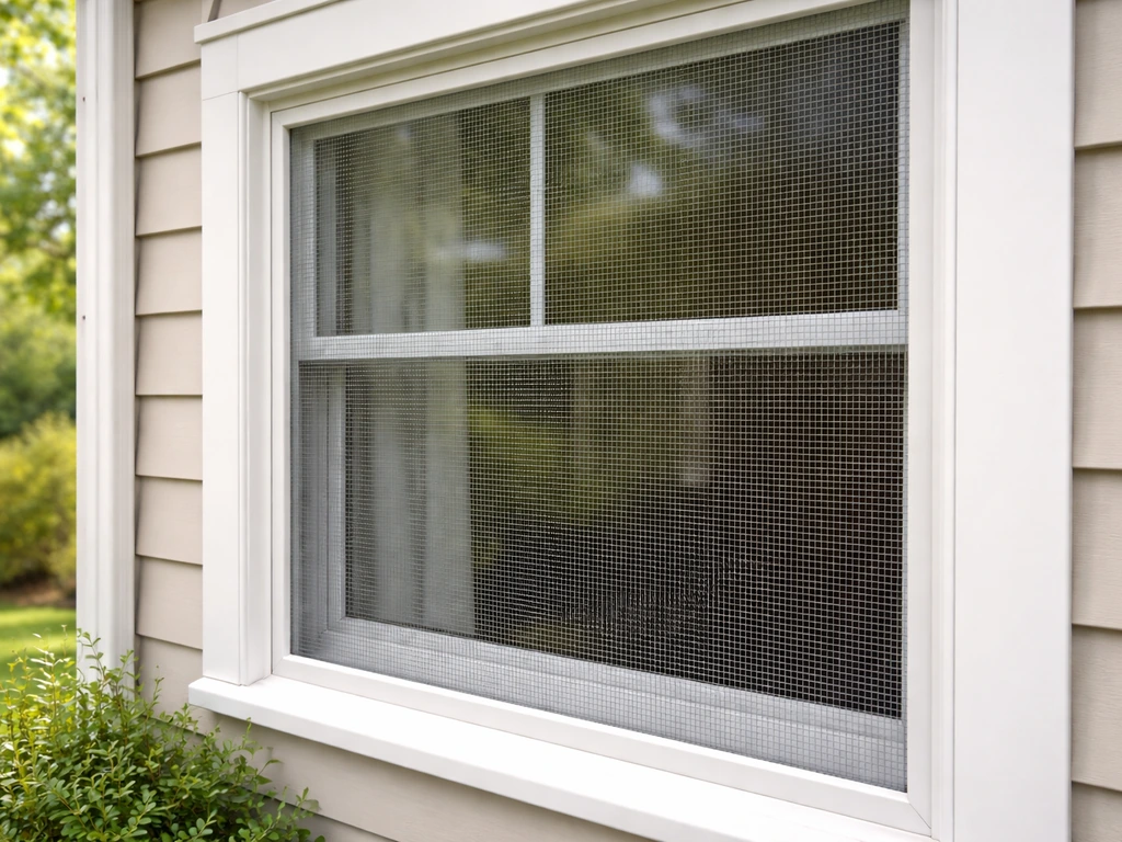 Close-up of a home window with a neatly installed fine mesh screen/net to deter birds safely.