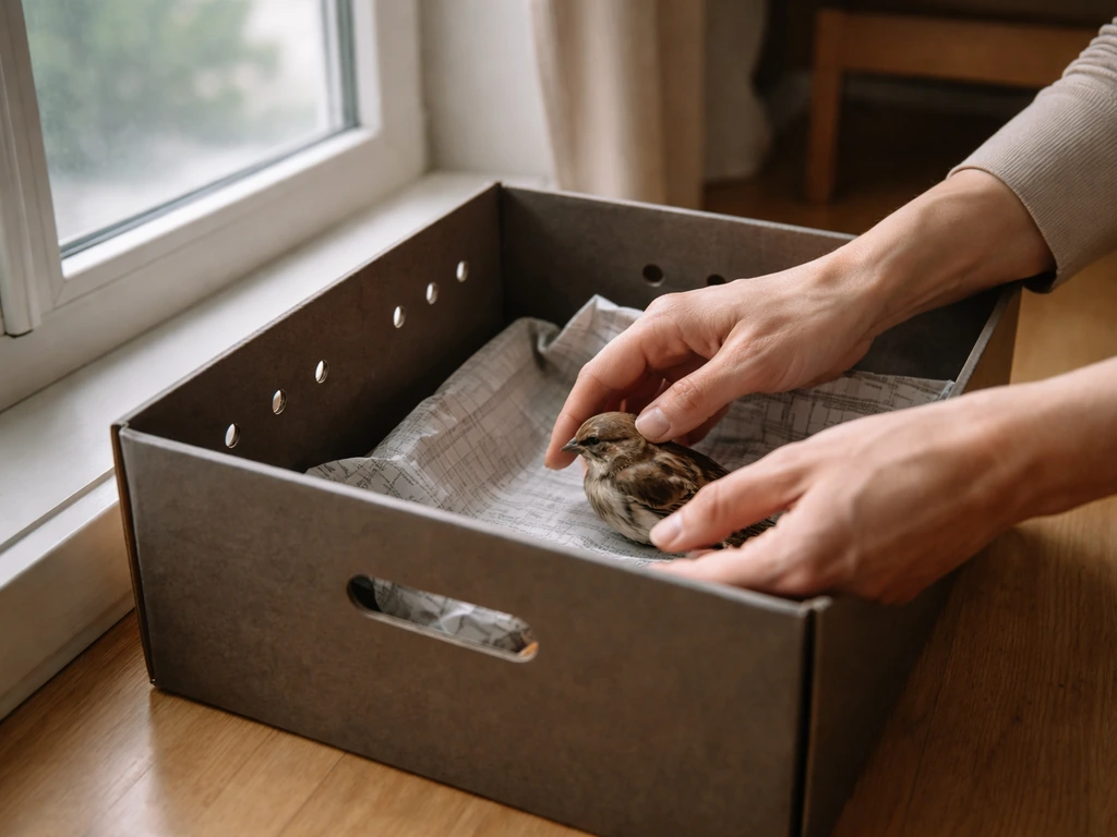 A person gently places a small bird into a quiet, ventilated recovery box beside a window.