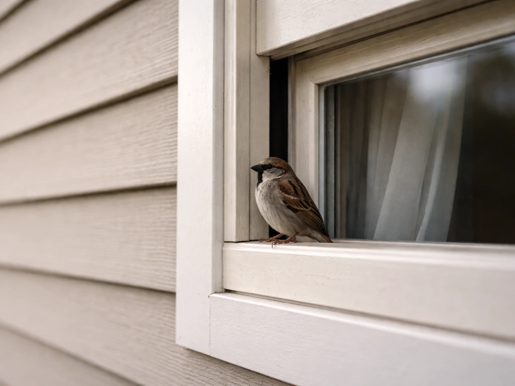 Small bird perched on a window ledge near a building gap, suggesting nesting or roosting behavior.