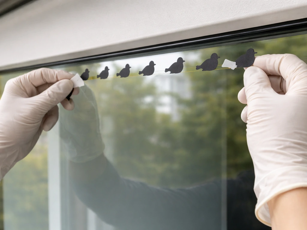 Hands placing evenly spaced bird-deterrent visual markers on a clean window pane outdoors