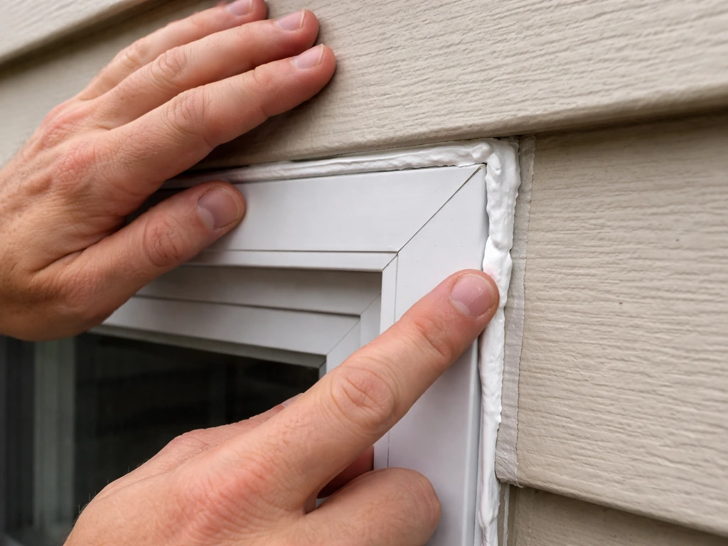 Close-up of hands applying exterior caulk around a window frame to seal gaps from birds.