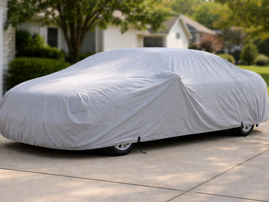 Car in a quiet driveway covered with a protective car cover, showing humane bird deterrence setup