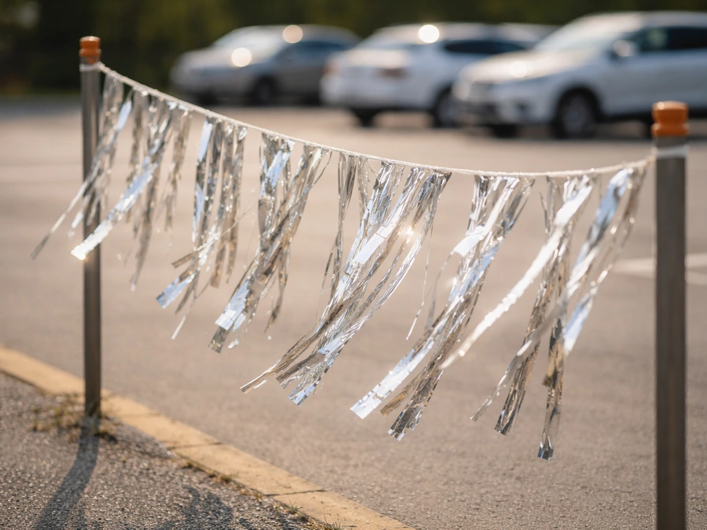Reflective Mylar strips fluttering on lines near a parking lot entrance in daylight